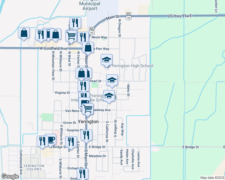 map of restaurants, bars, coffee shops, grocery stores, and more near 215 Pearl Street in Yerington