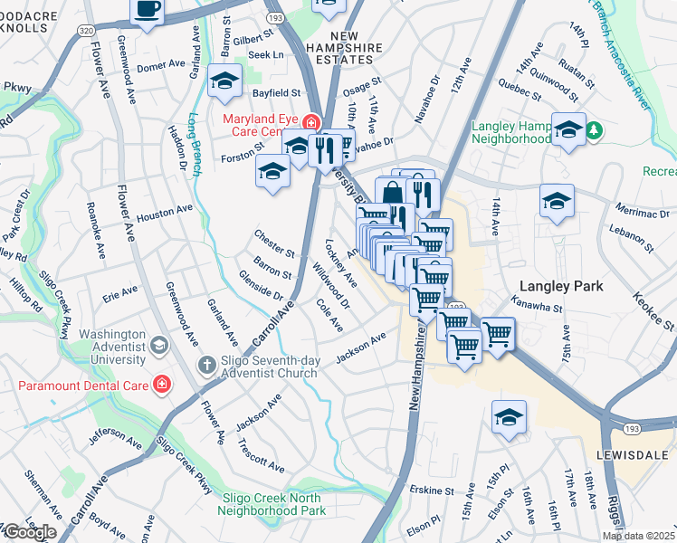map of restaurants, bars, coffee shops, grocery stores, and more near 7912 Lockney Avenue in Takoma Park