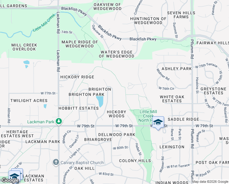 map of restaurants, bars, coffee shops, grocery stores, and more near 7637 Acuff Lane in Shawnee