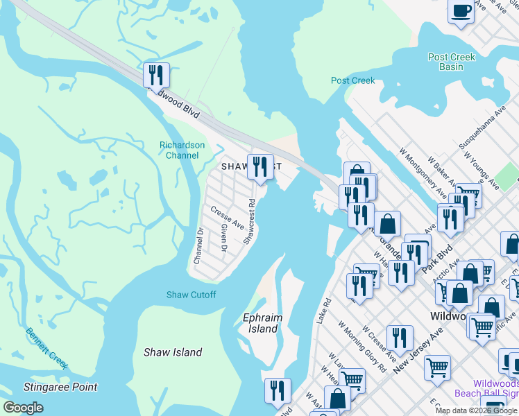 map of restaurants, bars, coffee shops, grocery stores, and more near 5121 Shawcrest Road in Wildwood
