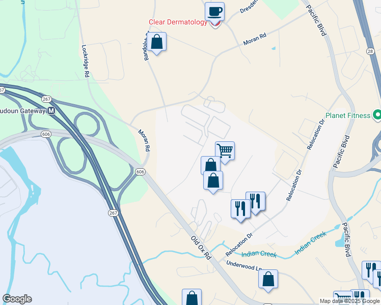 map of restaurants, bars, coffee shops, grocery stores, and more near 22675 Dulles Summit Court in Sterling
