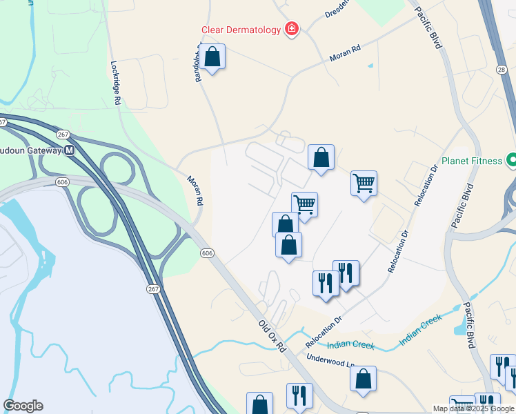 map of restaurants, bars, coffee shops, grocery stores, and more near 22675 Dulles Summit Court in Sterling