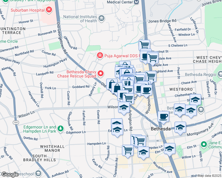 map of restaurants, bars, coffee shops, grocery stores, and more near 7979 Glenbrook Road in Bethesda