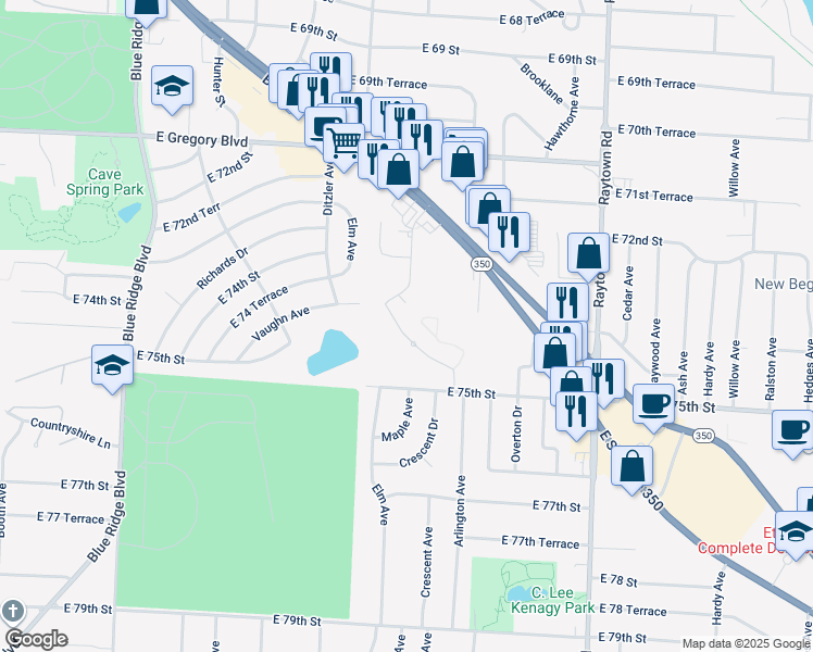 map of restaurants, bars, coffee shops, grocery stores, and more near 7343 Maple Drive in Raytown