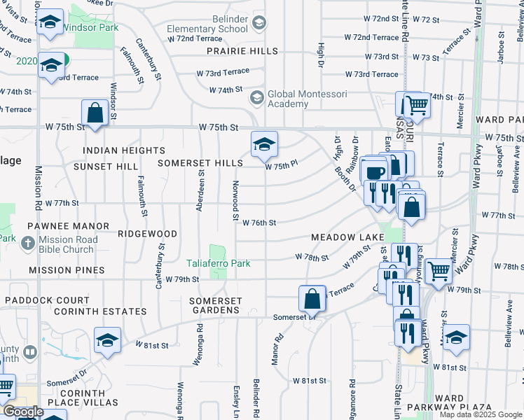 map of restaurants, bars, coffee shops, grocery stores, and more near 7661 Rainbow Drive in Prairie Village