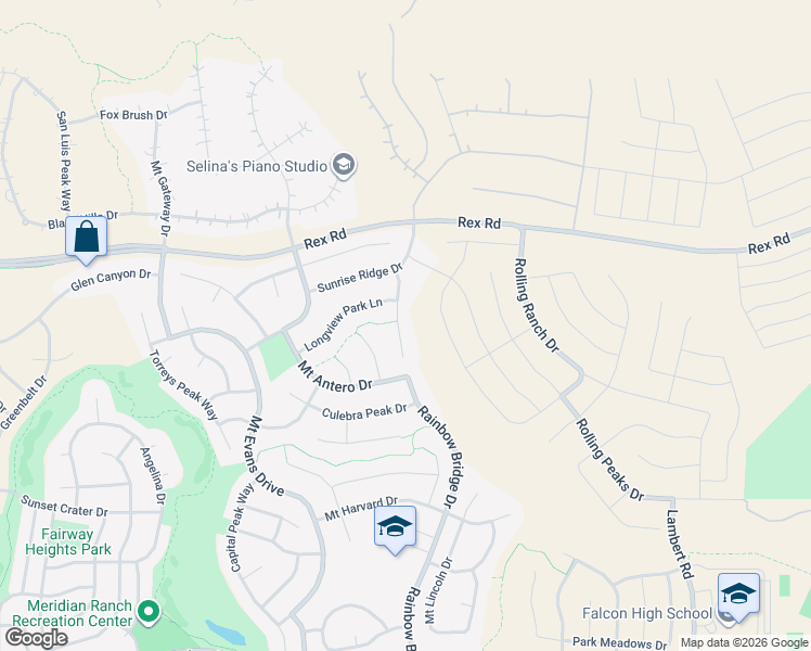 map of restaurants, bars, coffee shops, grocery stores, and more near 10799 Shavano Peak Court in Peyton