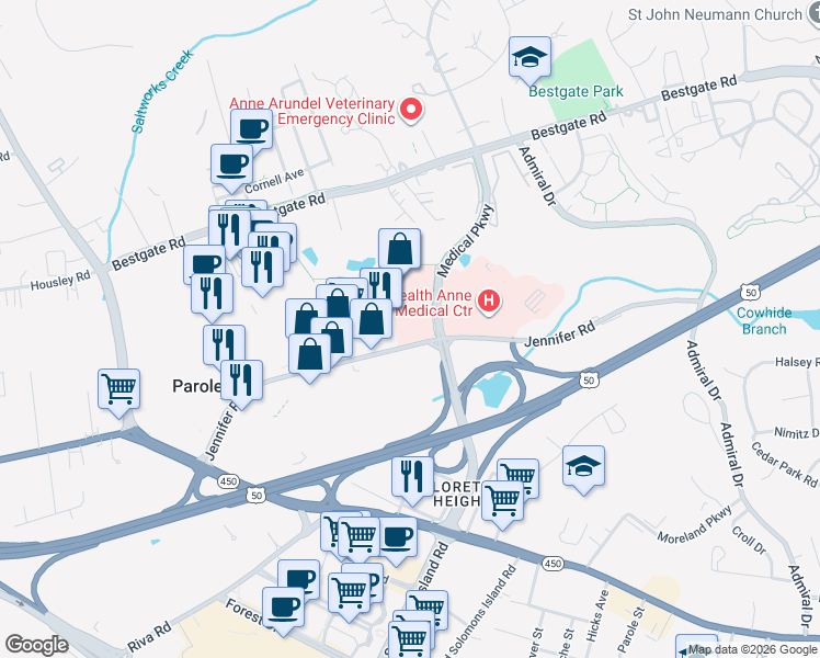 map of restaurants, bars, coffee shops, grocery stores, and more near 2000 Medical Parkway in Annapolis
