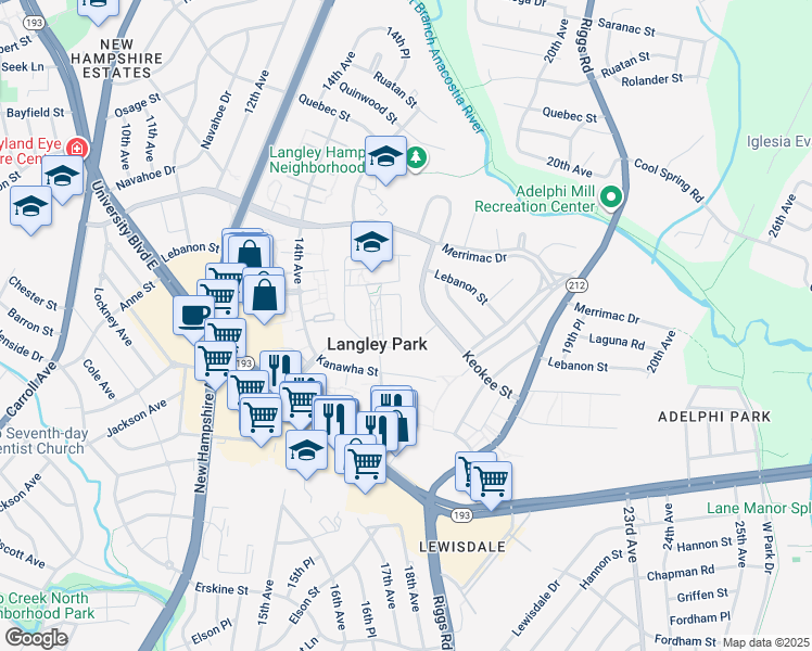 map of restaurants, bars, coffee shops, grocery stores, and more near 8121 15th Avenue in Adelphi