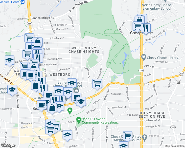 map of restaurants, bars, coffee shops, grocery stores, and more near 12 Kentbury Way in Bethesda