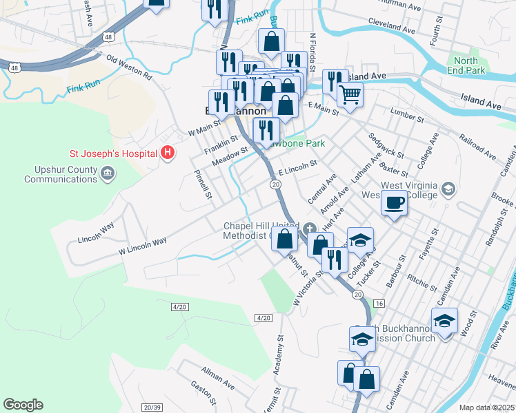 map of restaurants, bars, coffee shops, grocery stores, and more near 1 Coleman Place in Buckhannon