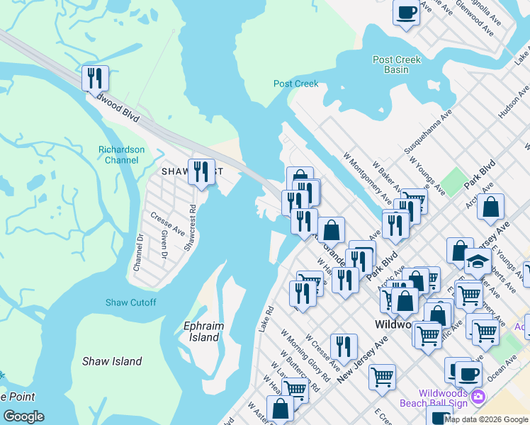map of restaurants, bars, coffee shops, grocery stores, and more near 604 West Rio Grande Avenue in Wildwood