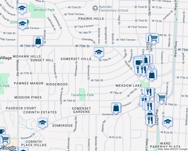 map of restaurants, bars, coffee shops, grocery stores, and more near 7669 Rainbow Drive in Prairie Village
