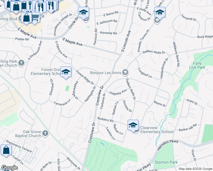 map of restaurants, bars, coffee shops, grocery stores, and more near 12824 Fantasia Drive in Herndon