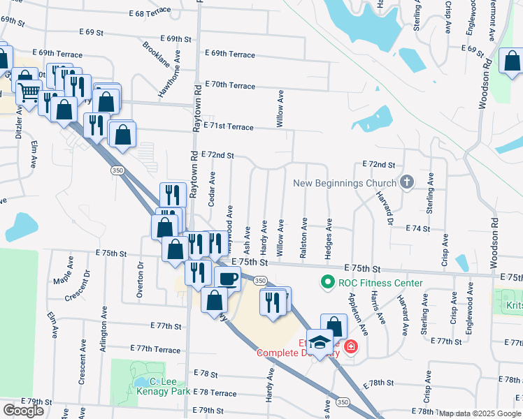 map of restaurants, bars, coffee shops, grocery stores, and more near 7316 Hardy Avenue in Raytown