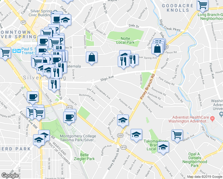 map of restaurants, bars, coffee shops, grocery stores, and more near 712 Ritchie Avenue in Silver Spring