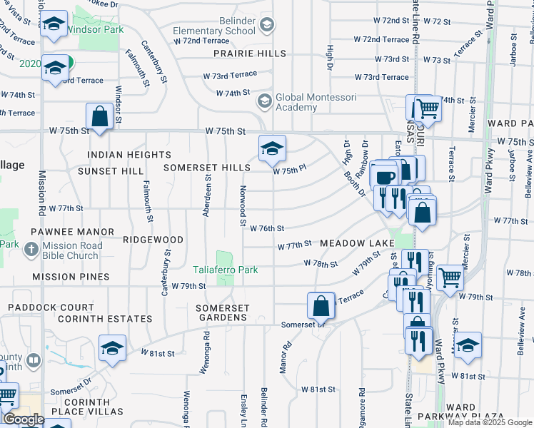map of restaurants, bars, coffee shops, grocery stores, and more near 7661 Rainbow Drive in Prairie Village