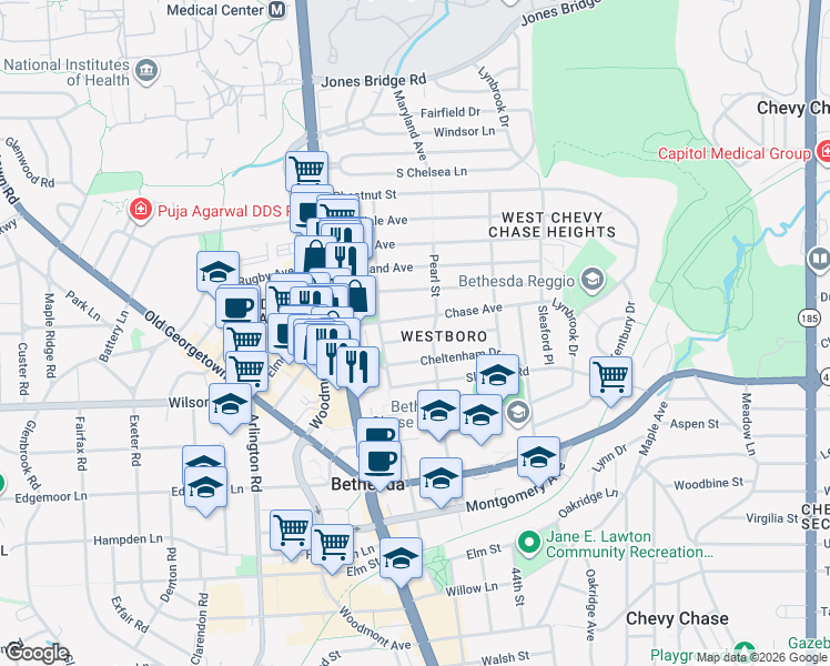 map of restaurants, bars, coffee shops, grocery stores, and more near 4605 Harling Lane in Bethesda