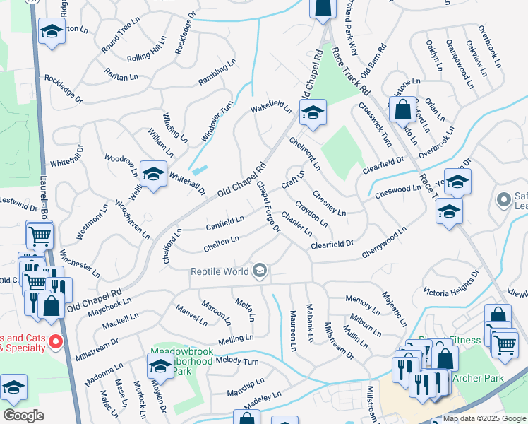 map of restaurants, bars, coffee shops, grocery stores, and more near 12515 Canfield Lane in Bowie