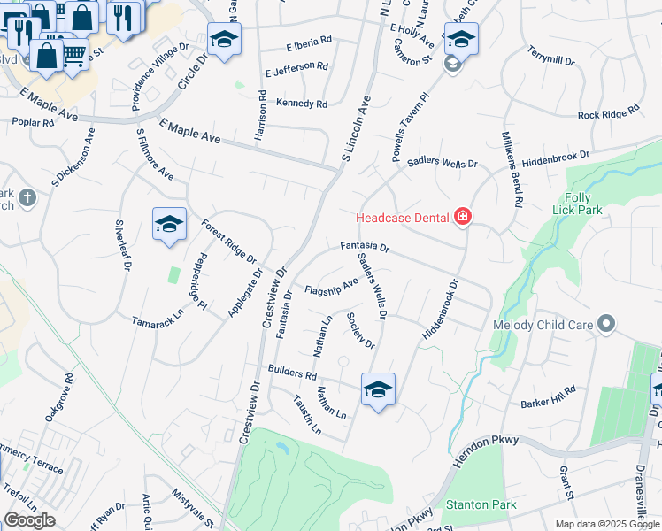 map of restaurants, bars, coffee shops, grocery stores, and more near 1606 Lefrak Court in Herndon