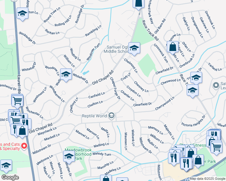 map of restaurants, bars, coffee shops, grocery stores, and more near 12515 Canfield Lane in Bowie