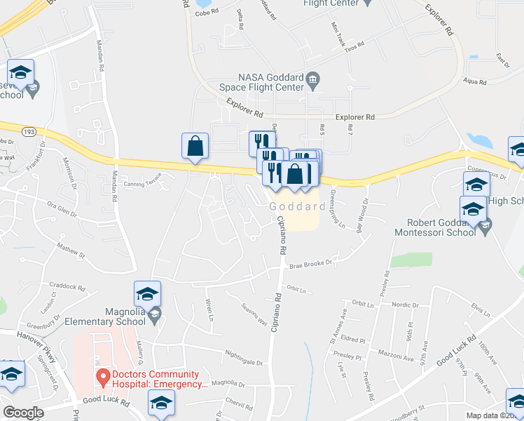map of restaurants, bars, coffee shops, grocery stores, and more near 7312 Green Oak Terrace in Lanham