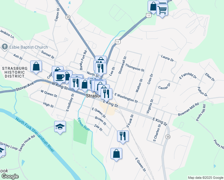 map of restaurants, bars, coffee shops, grocery stores, and more near 227 Stonewall Street in Strasburg