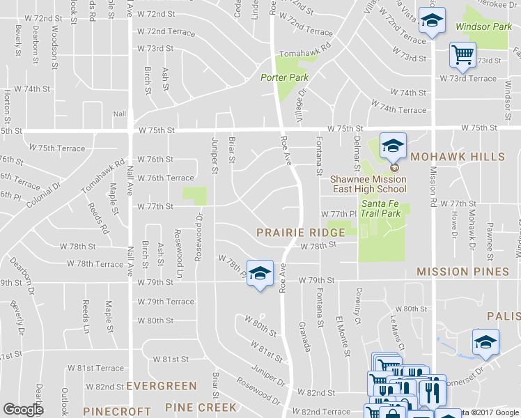 map of restaurants, bars, coffee shops, grocery stores, and more near 4915 West 77th Terrace in Prairie Village
