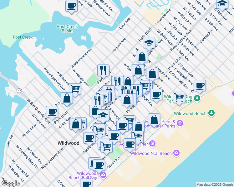 map of restaurants, bars, coffee shops, grocery stores, and more near 3810 New Jersey Avenue in Wildwood