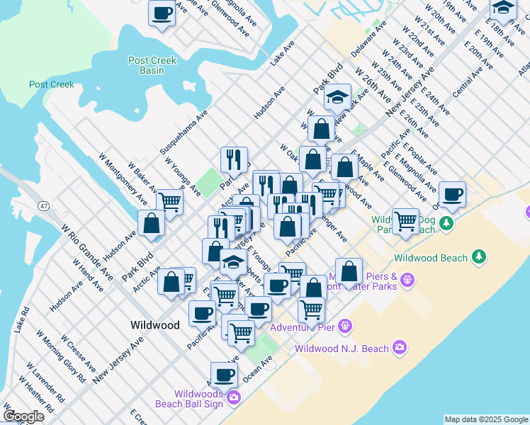 map of restaurants, bars, coffee shops, grocery stores, and more near 3810 New Jersey Avenue in Wildwood