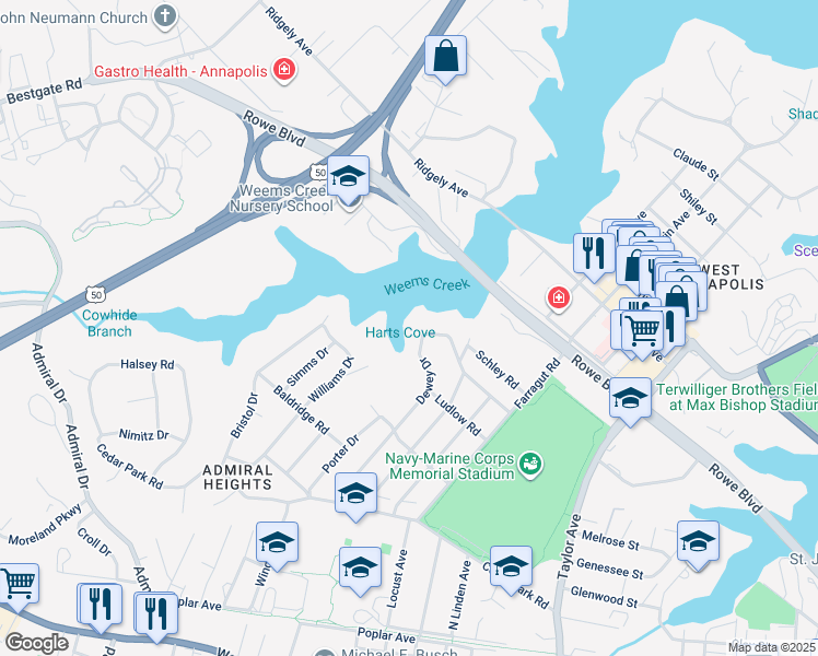 map of restaurants, bars, coffee shops, grocery stores, and more near 343 Dewey Drive in Annapolis
