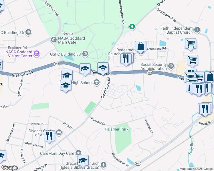 map of restaurants, bars, coffee shops, grocery stores, and more near Wood Meadow Way in Lanham
