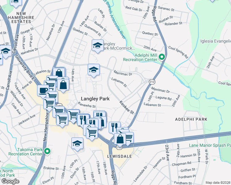 map of restaurants, bars, coffee shops, grocery stores, and more near 1720 Keokee Street in Hyattsville