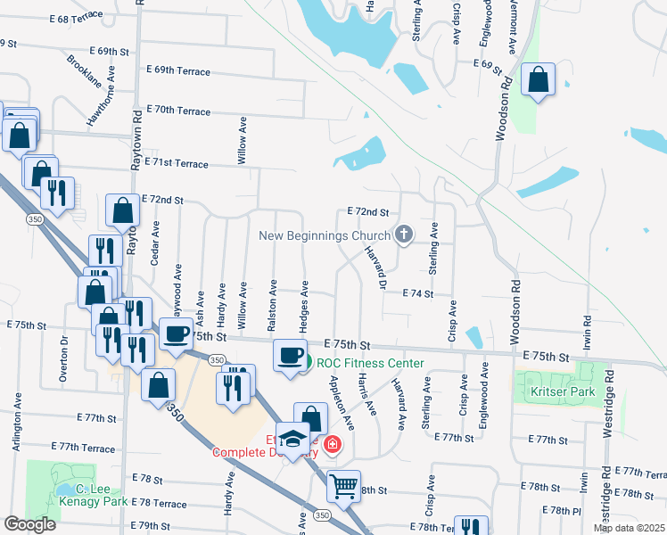 map of restaurants, bars, coffee shops, grocery stores, and more near 7306 Appleton Avenue in Raytown