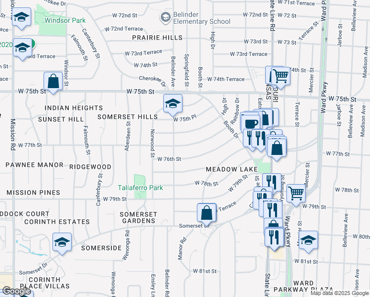 map of restaurants, bars, coffee shops, grocery stores, and more near 7641 Rainbow Drive in Prairie Village