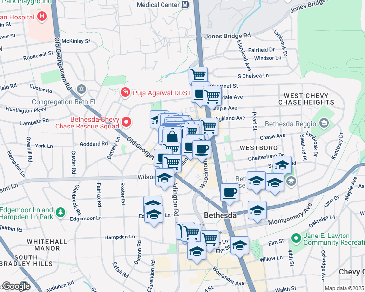 map of restaurants, bars, coffee shops, grocery stores, and more near Cordell Avenue in Bethesda