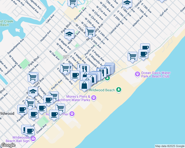 map of restaurants, bars, coffee shops, grocery stores, and more near 315 East Pine Avenue in Wildwood