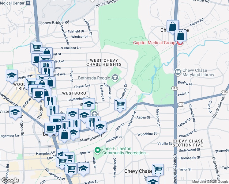 map of restaurants, bars, coffee shops, grocery stores, and more near 12 Kentbury Way in Bethesda