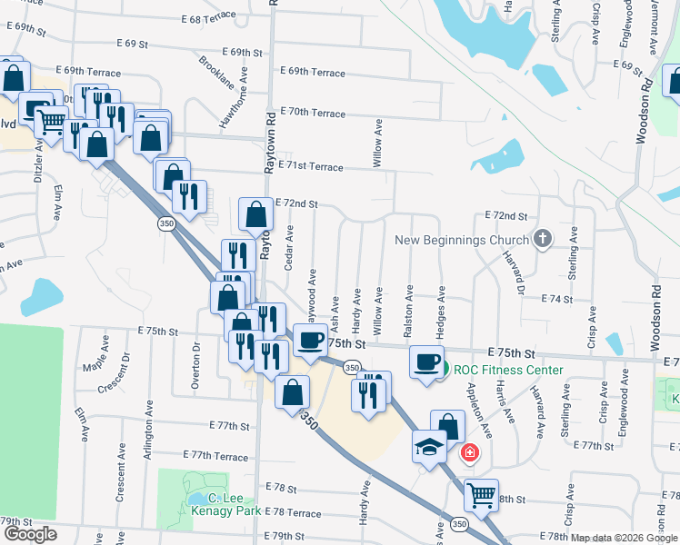 map of restaurants, bars, coffee shops, grocery stores, and more near 7316 Ash Avenue in Raytown
