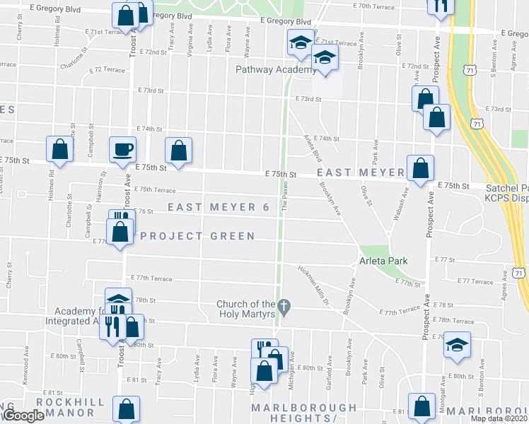 map of restaurants, bars, coffee shops, grocery stores, and more near 1706 East 76th Street in Kansas City
