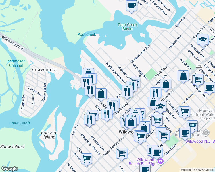 map of restaurants, bars, coffee shops, grocery stores, and more near 4605 Susquehanna Avenue in Wildwood