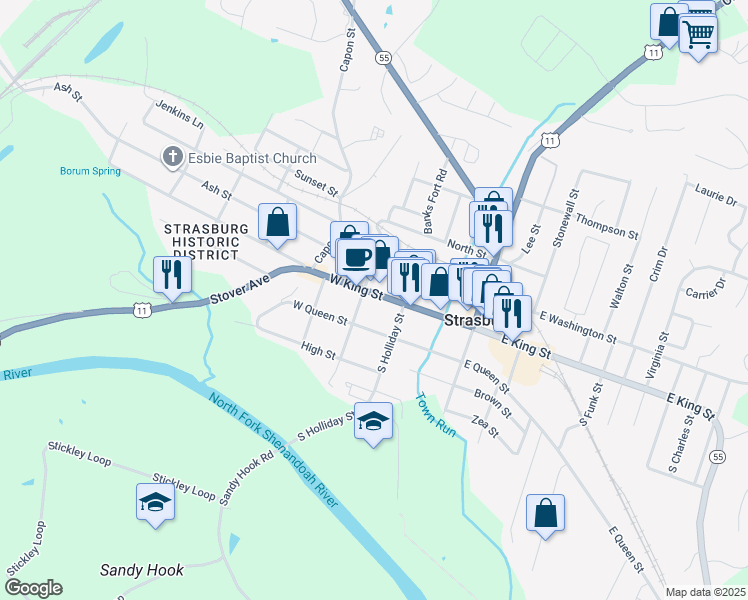 map of restaurants, bars, coffee shops, grocery stores, and more near 171 West King Street in Strasburg