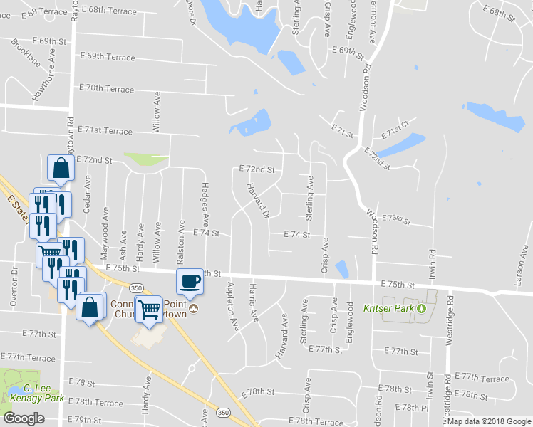 map of restaurants, bars, coffee shops, grocery stores, and more near 7399 Harvard Drive in Raytown