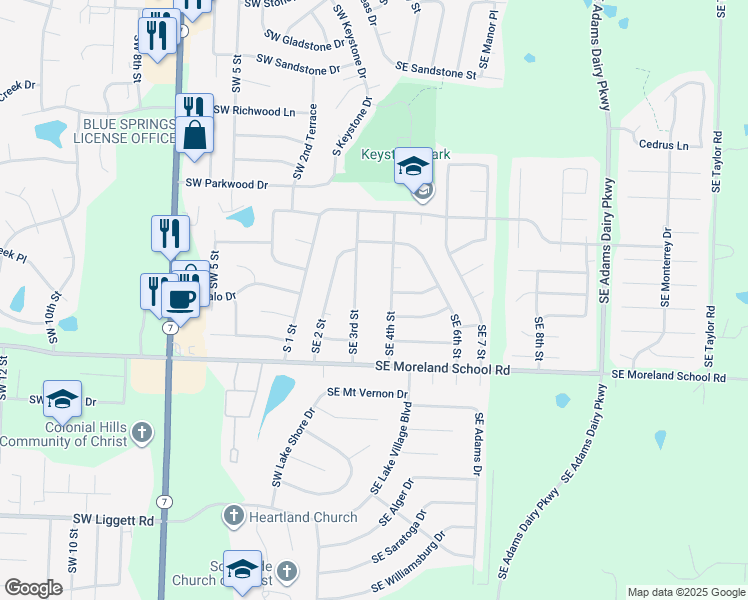 map of restaurants, bars, coffee shops, grocery stores, and more near 2905 Southeast 4th Street in Blue Springs