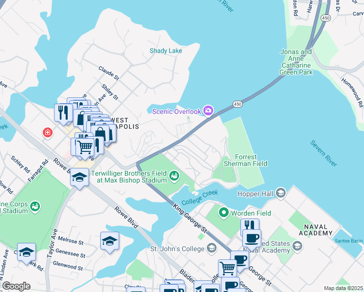 map of restaurants, bars, coffee shops, grocery stores, and more near 13 Phythian Road in Annapolis