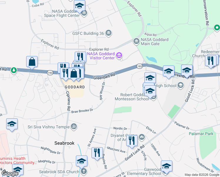 map of restaurants, bars, coffee shops, grocery stores, and more near 9107 Piper Ridge Court in Lanham