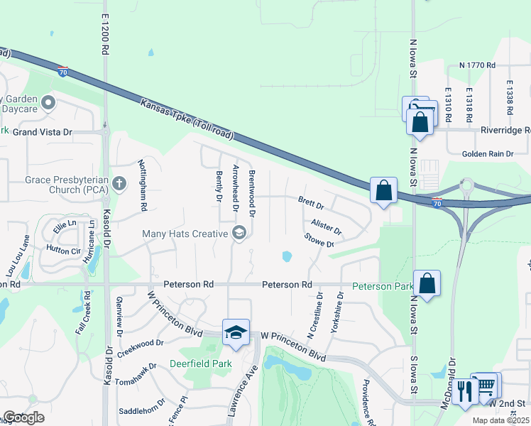 map of restaurants, bars, coffee shops, grocery stores, and more near 529 Durham Court in Lawrence