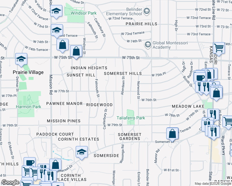 map of restaurants, bars, coffee shops, grocery stores, and more near 7701 Chadwick Street in Prairie Village