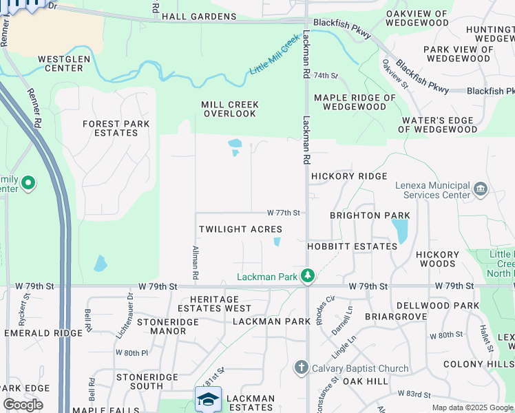 map of restaurants, bars, coffee shops, grocery stores, and more near 15250 West 77th Street in Shawnee