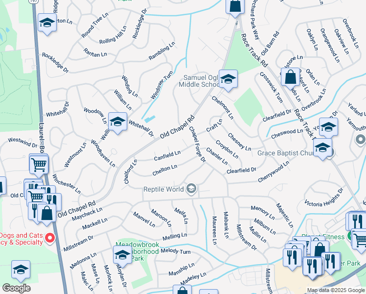 map of restaurants, bars, coffee shops, grocery stores, and more near 12508 Canfield Lane in Bowie