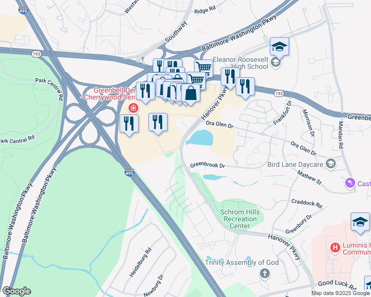 map of restaurants, bars, coffee shops, grocery stores, and more near 7301 Hanover Parkway in Greenbelt